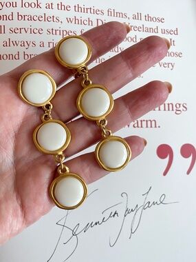 Vintage KJL Kenneth Jay Lane 90s Gold Tone & White Disc Drop Clip-On Earrings